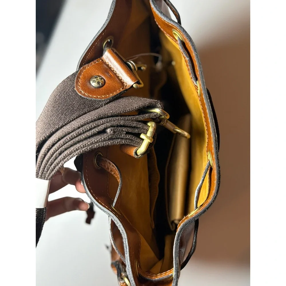 Patricia Nash Bucket Bag Brown Leather Cognac Drawstring Crossbody Handbag